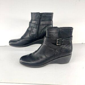 Sz 9 The Flexx Black Leather Buckle Zip Up Felt Lined Wedge Ankle Boot Bootie‎
